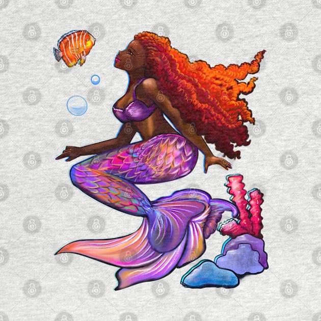 Beautiful Brown skin African American Mermaid. Black mermaid with flowing red hair. Afro locs. Great gift idea for mermaid lovers,Mermay,birthday gift for girls by Artonmytee